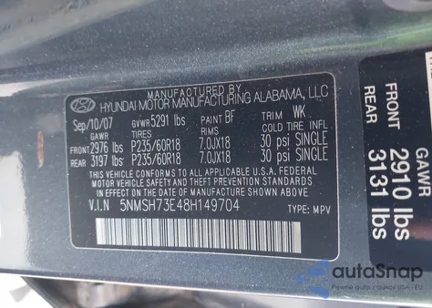 2008 Hyundai Santa Fe Limited/Se z USA, uszkodzony, nr VIN 5NMSH73E48H149704